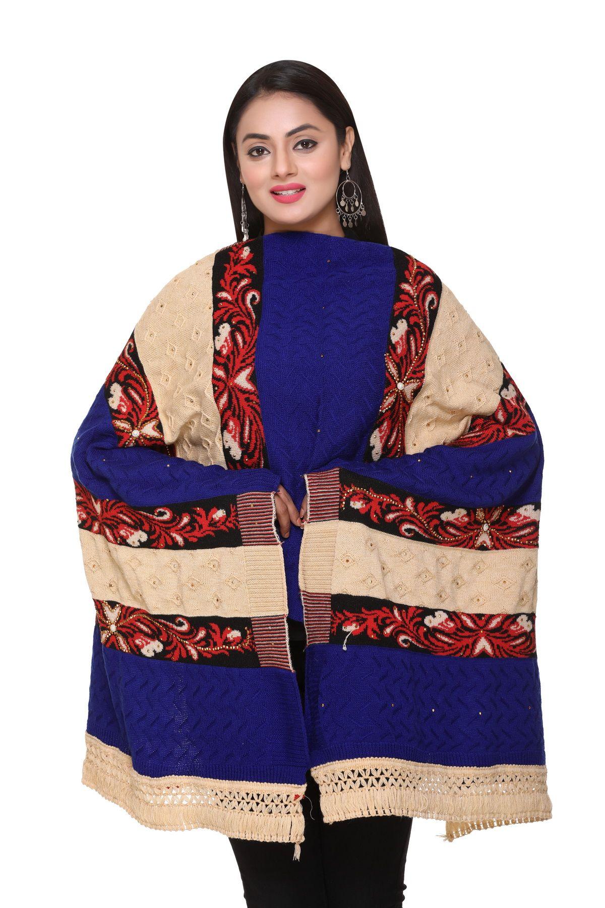 Women's Woolen Color Block Pattern Winter Stole