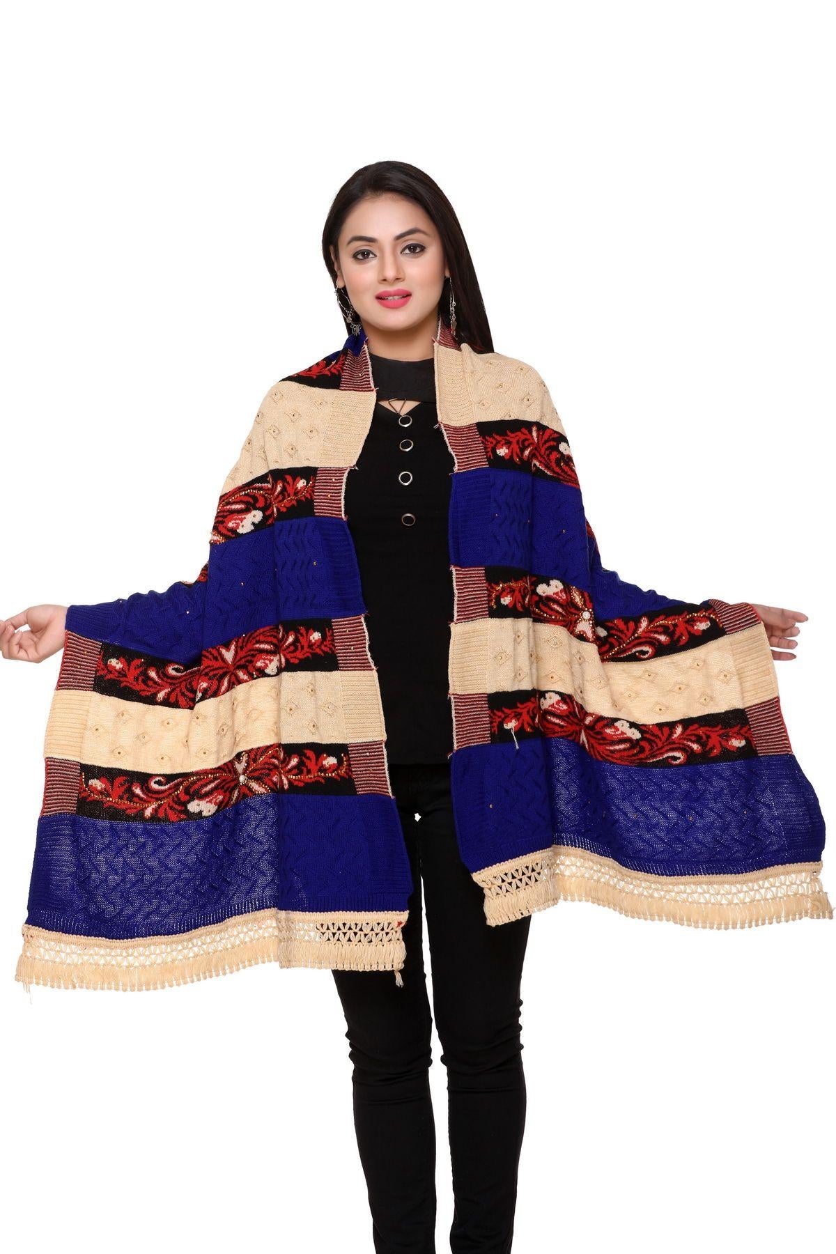 Women's Woolen Color Block Pattern Winter Stole