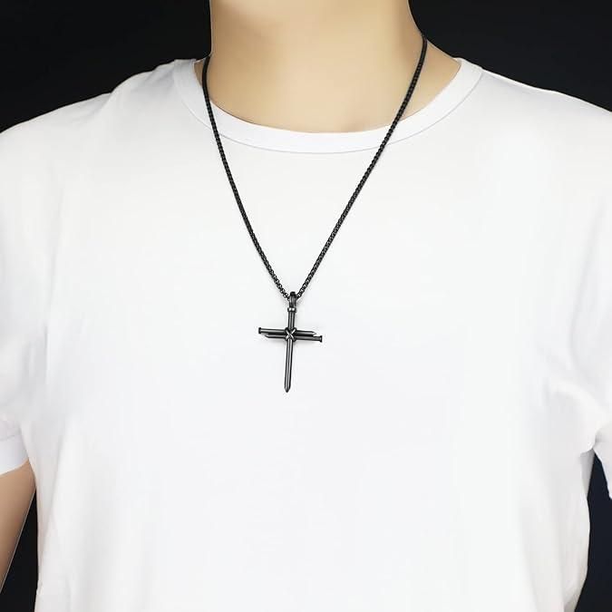 Nail Cross Necklace for Men Stainless Steel Chain 24inch 3 Nails Jesus Cross Pendant Christian Gifts